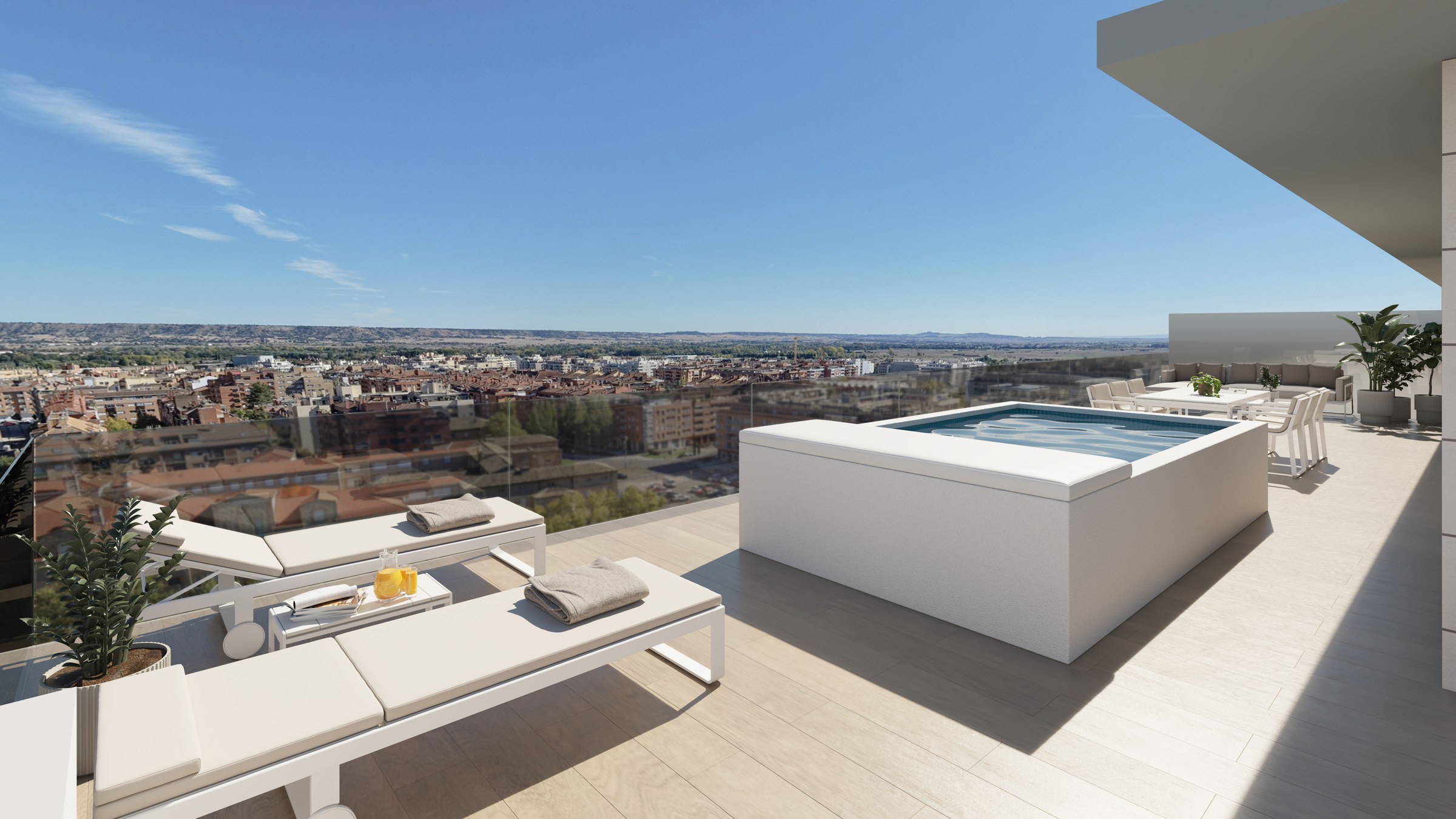 Representación de la terraza del ático de la planta doce, con piscina y vistas