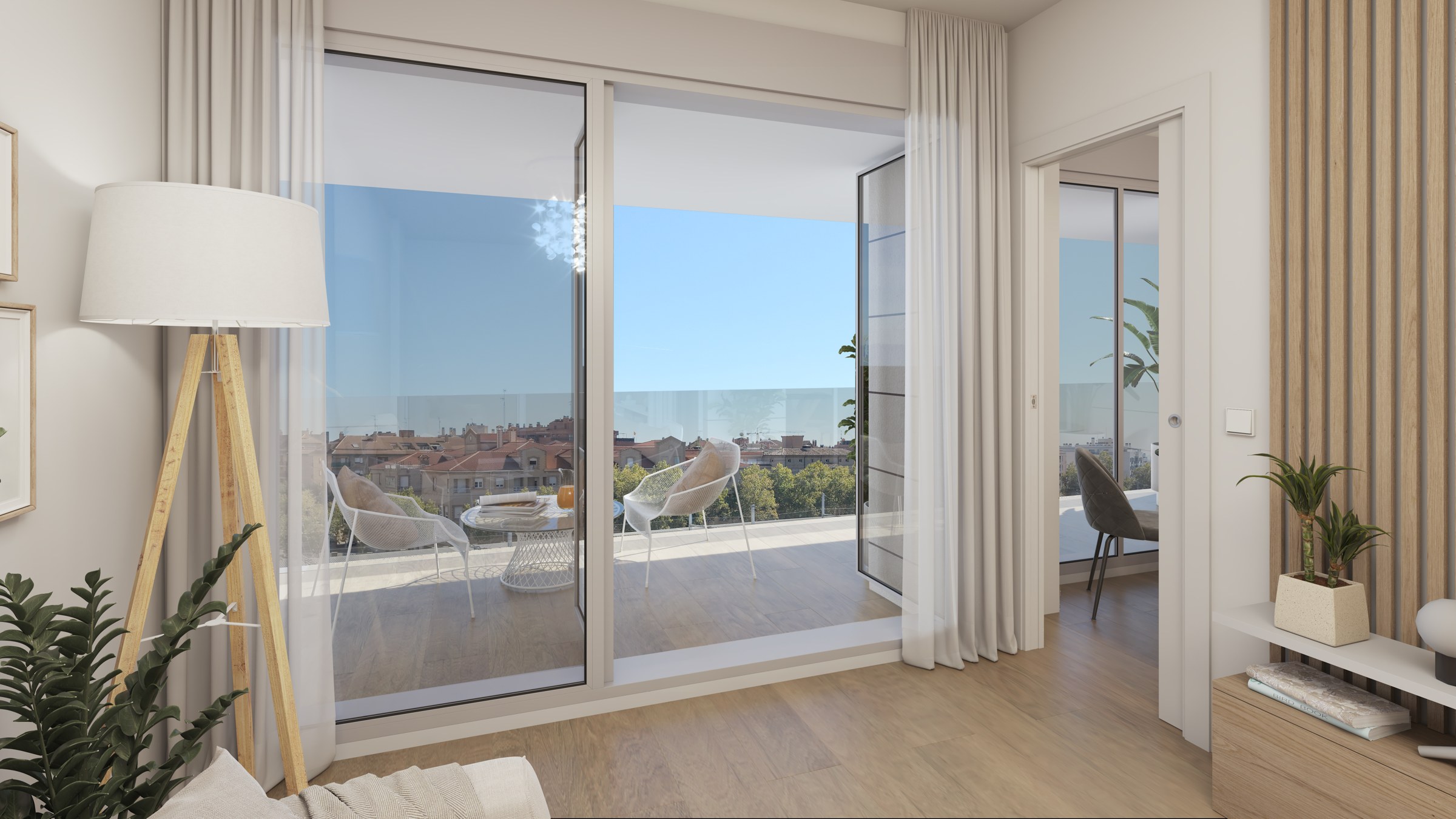 Representación del interior de la segunda planta con vistas desde la terraza
